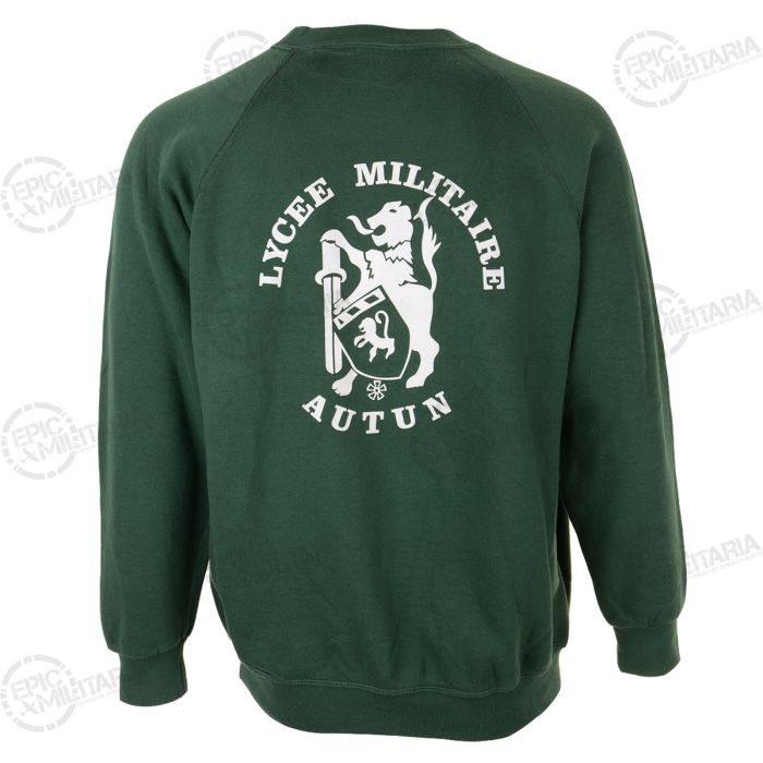 Back view of green French Military School Jumper with white Autun crest print