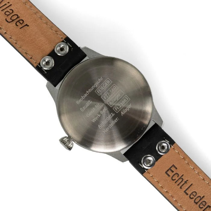 Engraved stainless steel caseback of the Beobachtungsuhr watch showing FL 23883 specification markings
