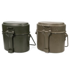 Two Austrian Army mess tin sets side by side showcasing variation in paint wear and authentic military surplus character.