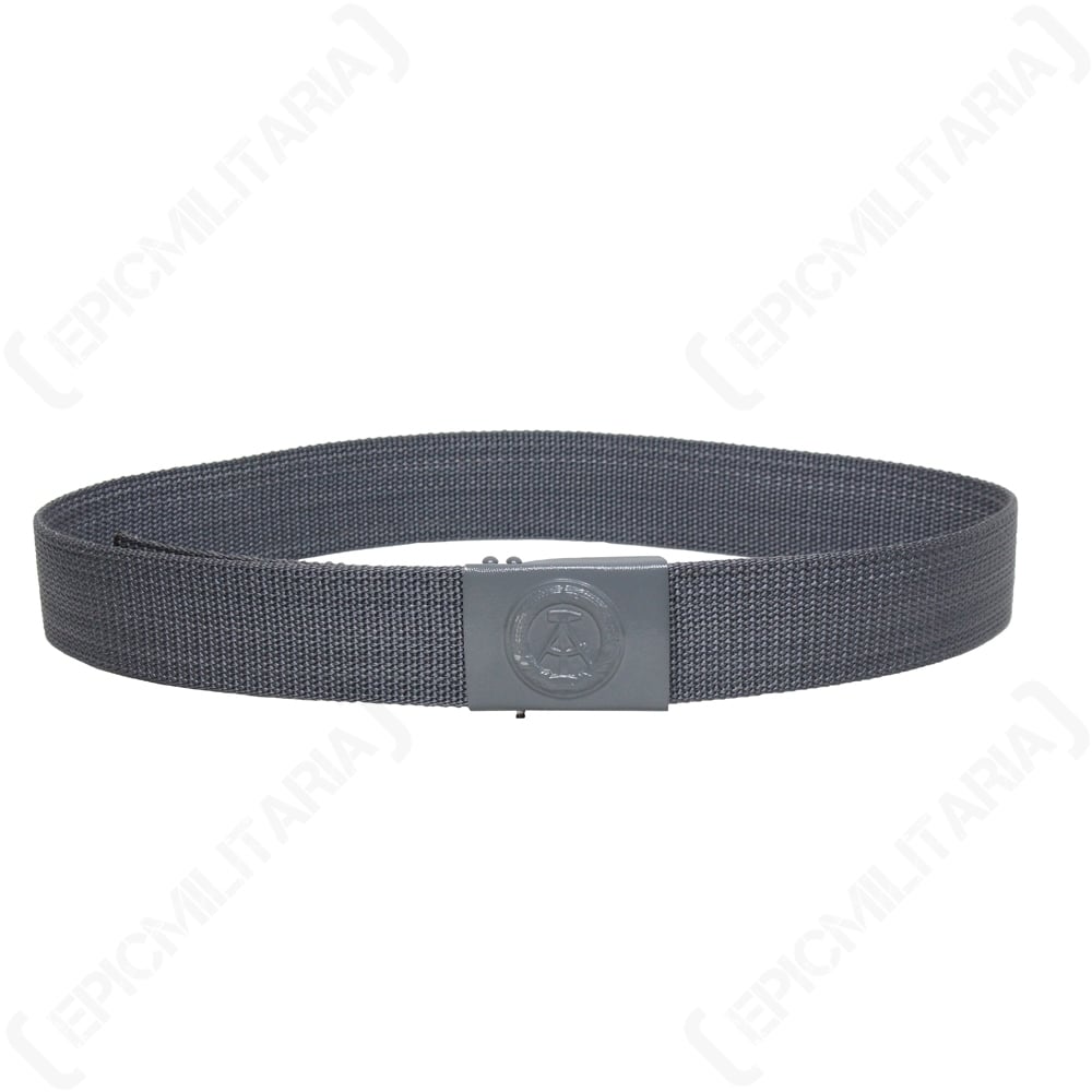 Original East German NVA military webbing belt with textured grey strap and adjustable metal buckle.