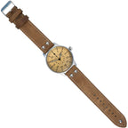 Full overhead flat view of the Luftwaffe aviator watch showing extended double-riveted leather strap