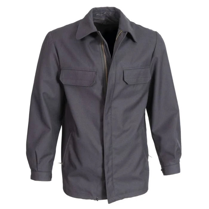 Front view of dark blue German Army Fire Brigade deck jacket showing collar, chest flap pockets, and zip waist pockets
