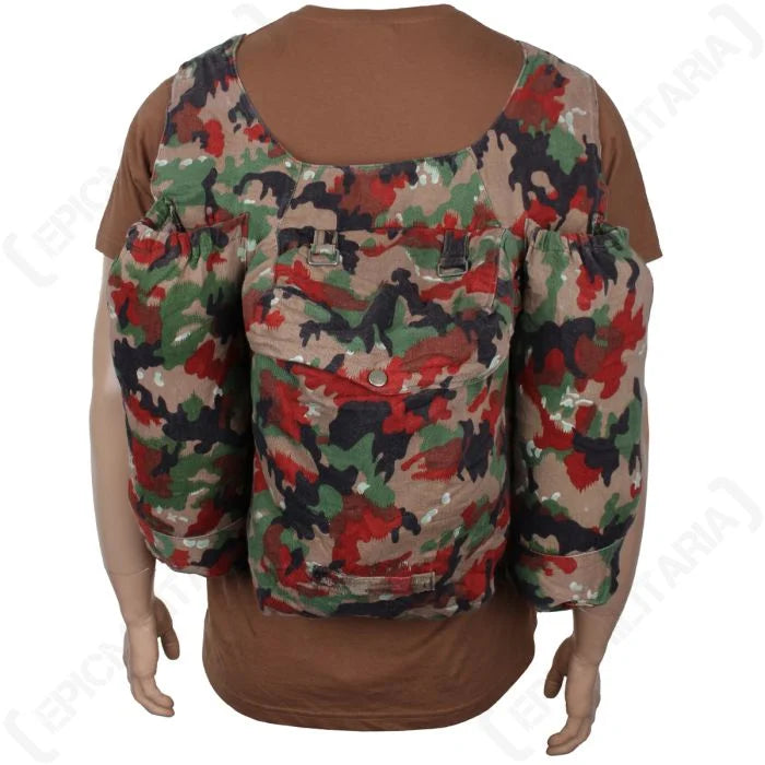 Rear view of Original Swiss M70 Alpenflage Camo Rucksack with standalone shoulder straps worn on a mannequin.