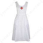 White 100% cotton pinafore-style Red Cross nurse apron featuring an embroidered red cross emblem and large front pockets.