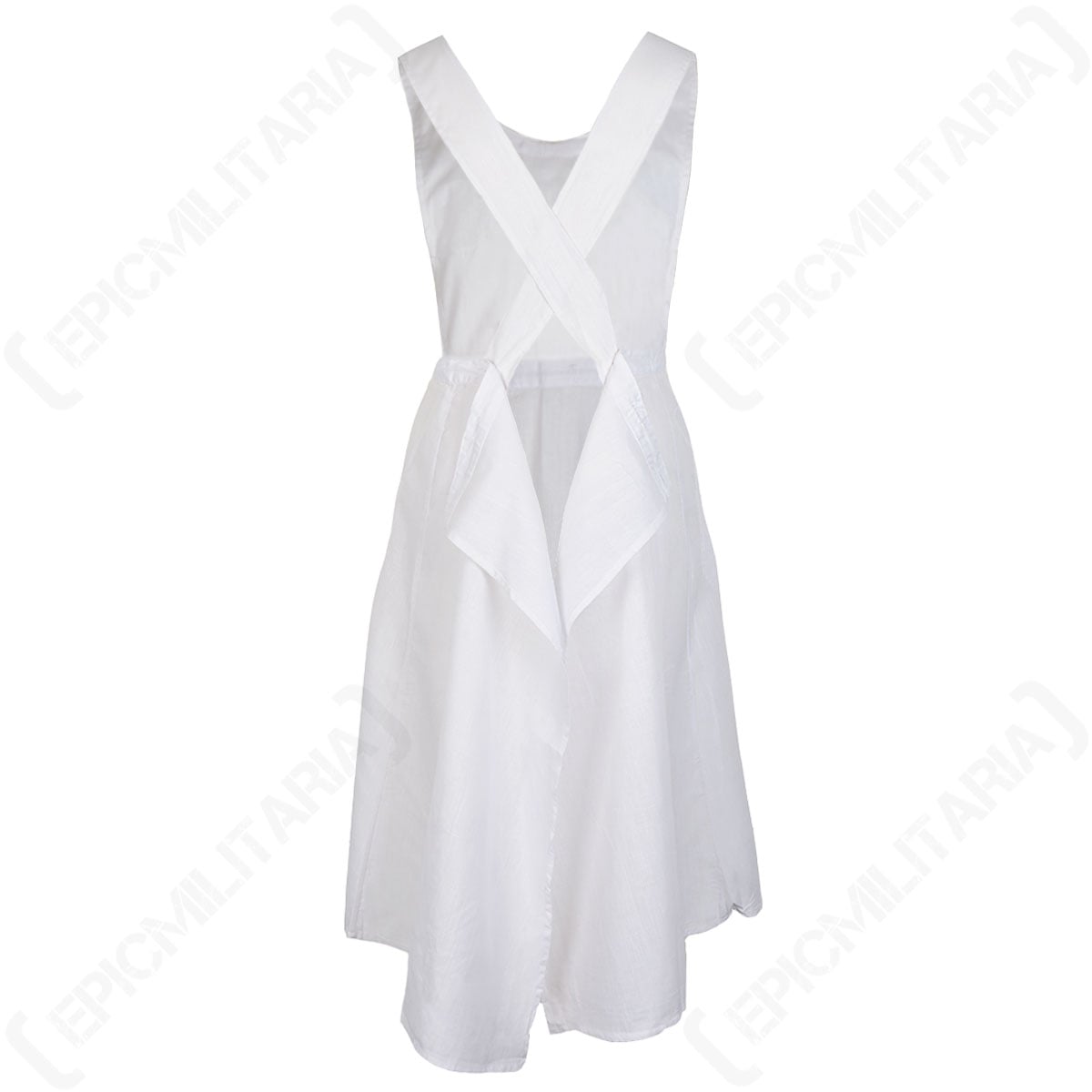 Rear view of the cotton Red Cross nurse apron showing the crisscross shoulder straps for historical reenactment authenticity.
