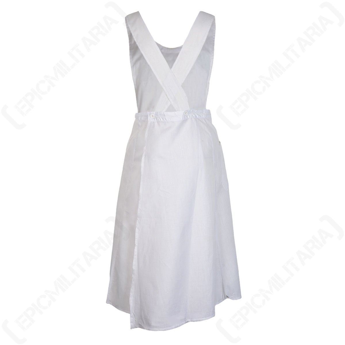 Back of the white Red Cross nurse apron highlighting the adjustable buttonhole straps for a customizable fit.
