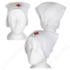 Three views of the white Red Cross nurse hat, featuring pleated fabric, buttons at the back, and the red cross emblem.