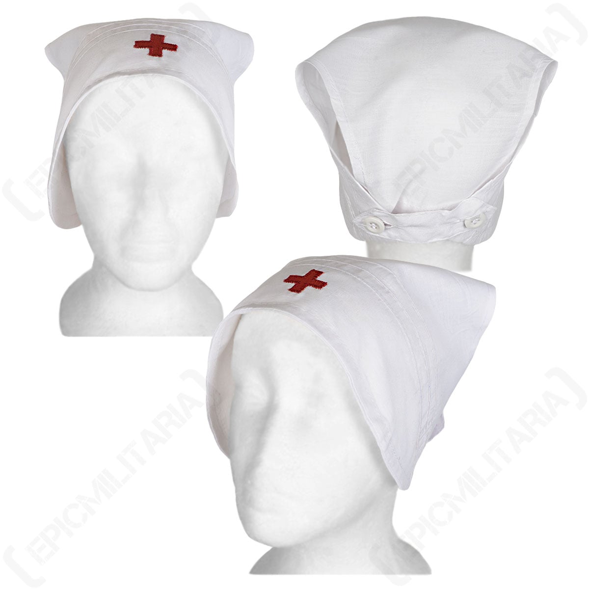 Three views of the white Red Cross nurse hat, featuring pleated fabric, buttons at the back, and the red cross emblem.