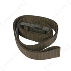 Coiled 150cm olive drab Swiss tactical strap showing the durable nylon weave and matte-finish plastic buckle.