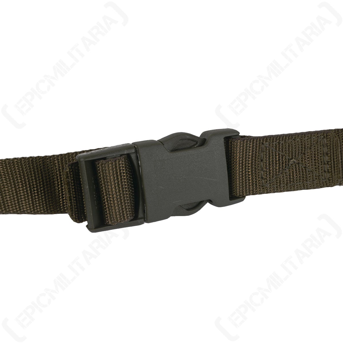 Close-up of the robust olive drab quick-release buckle and high-quality nylon webbing of the Swiss strap.