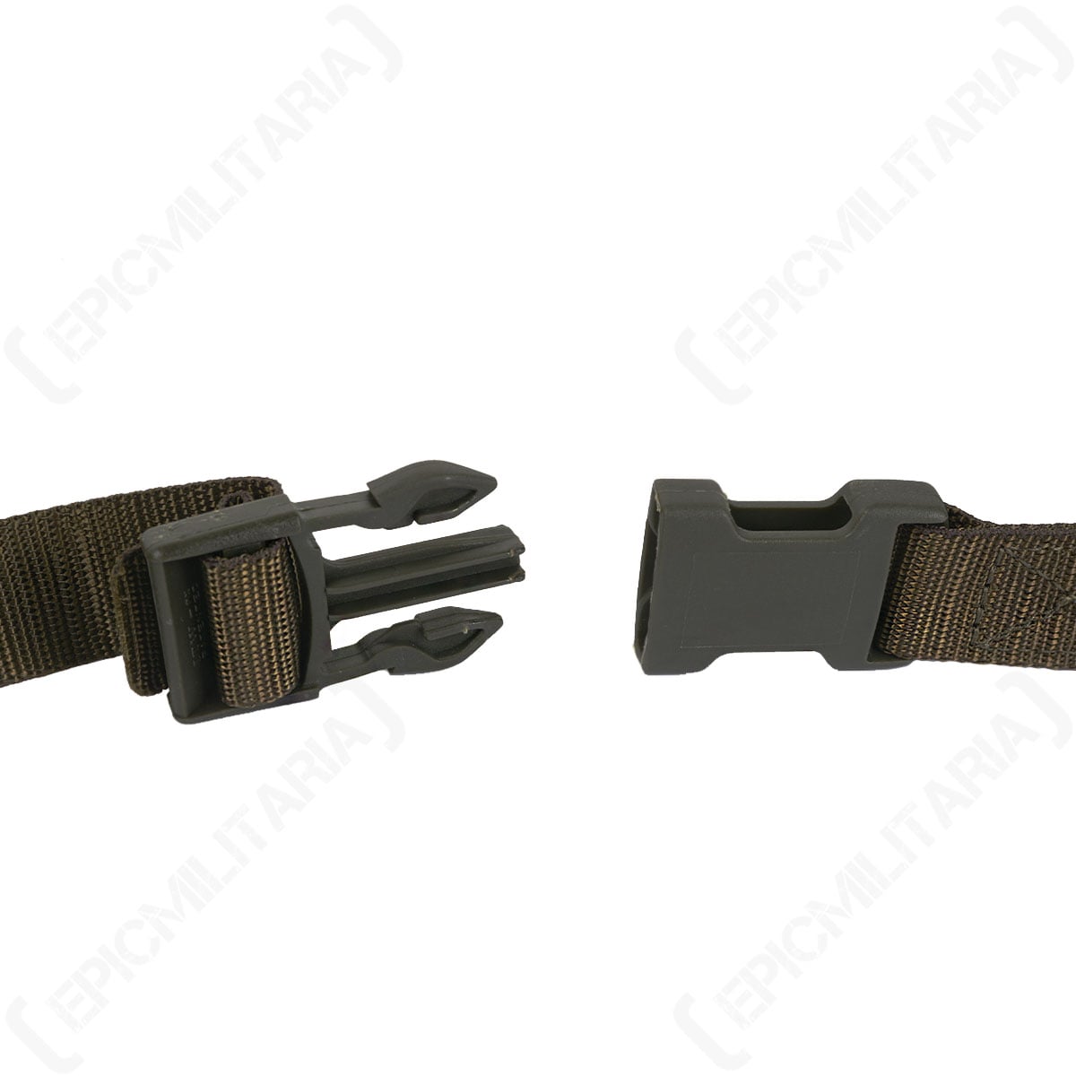 Disconnected olive drab quick-release buckle showing the locking mechanism of the 150cm nylon Swiss tactical strap.