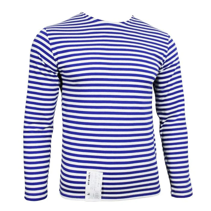 Front view of Russian Telnyashka long sleeve striped t-shirt with hem tag