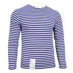 Front view of Russian Telnyashka long sleeve striped t-shirt with hem tag