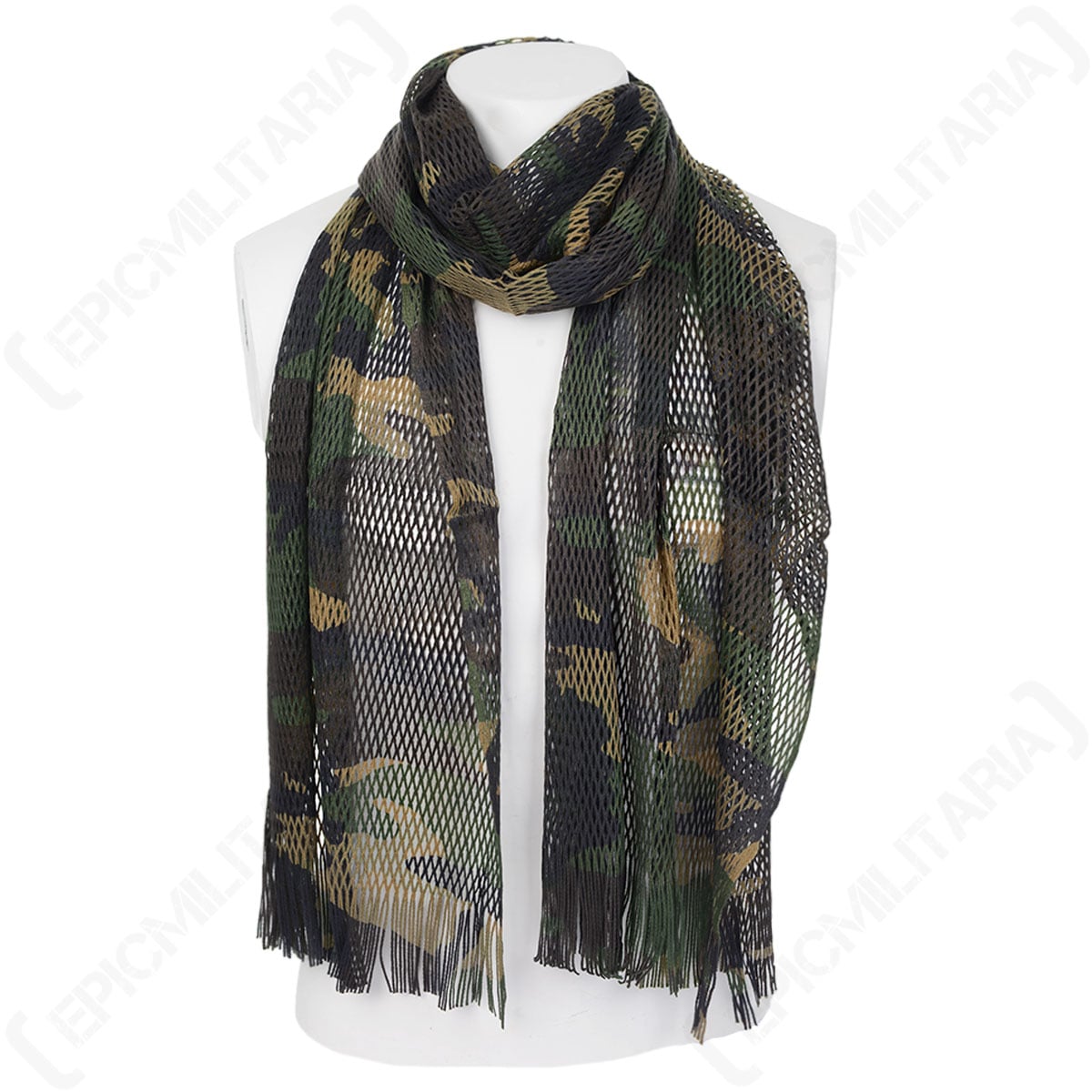 Italian SF woodland camo sniper scarf displayed on a mannequin, featuring lightweight acrylic netting, classic military styling, and fringed ends.