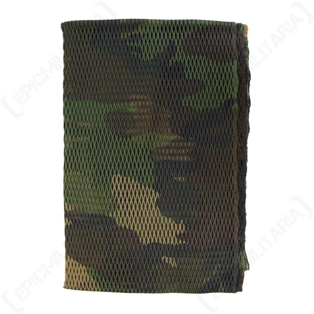 Folded Italian Special Forces woodland camouflage sniper scarf showing the lightweight, breathable acrylic net construction and tactical pattern.