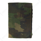 Folded Italian Special Forces woodland camouflage sniper scarf showing the lightweight, breathable acrylic net construction and tactical pattern.