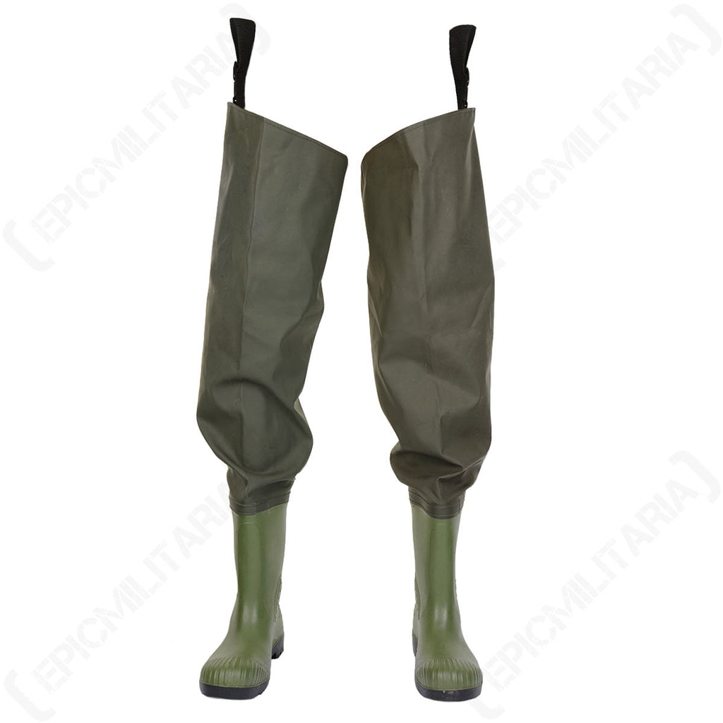 Front view of Belgian olive drab PVC waders with integrated Dunlop Acifort rubber boots.