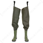 Front view of Belgian olive drab PVC waders with integrated Dunlop Acifort rubber boots.