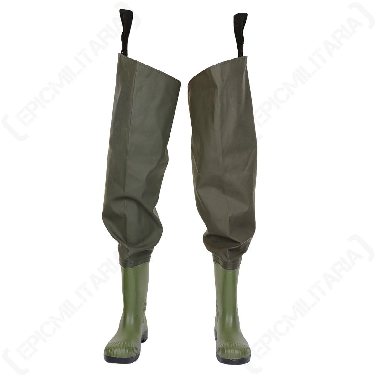 Front view of Belgian olive drab PVC waders with integrated Dunlop Acifort rubber boots.