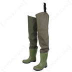 Angled side view of waterproof Belgian military surplus waders in olive green PVC material.