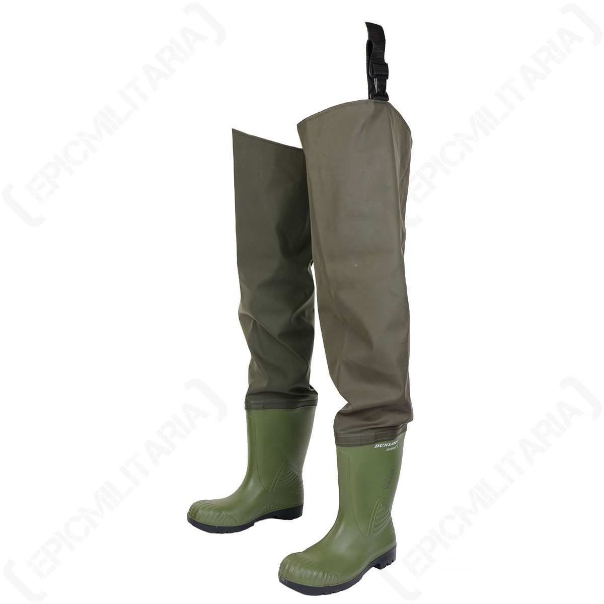 Angled side view of waterproof Belgian military surplus waders in olive green PVC material.