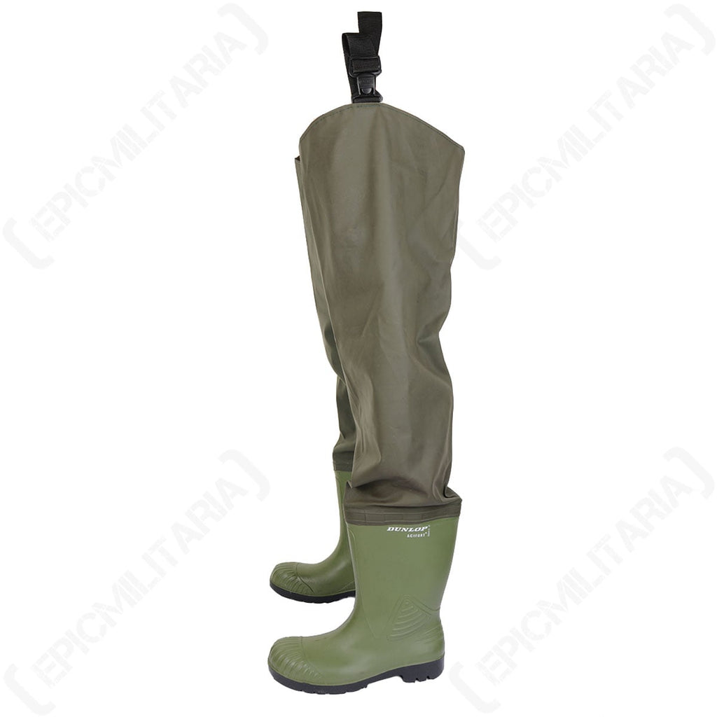 Side profile of Belgian military waders showing the durable PVC construction and attached Dunlop rubber boots.