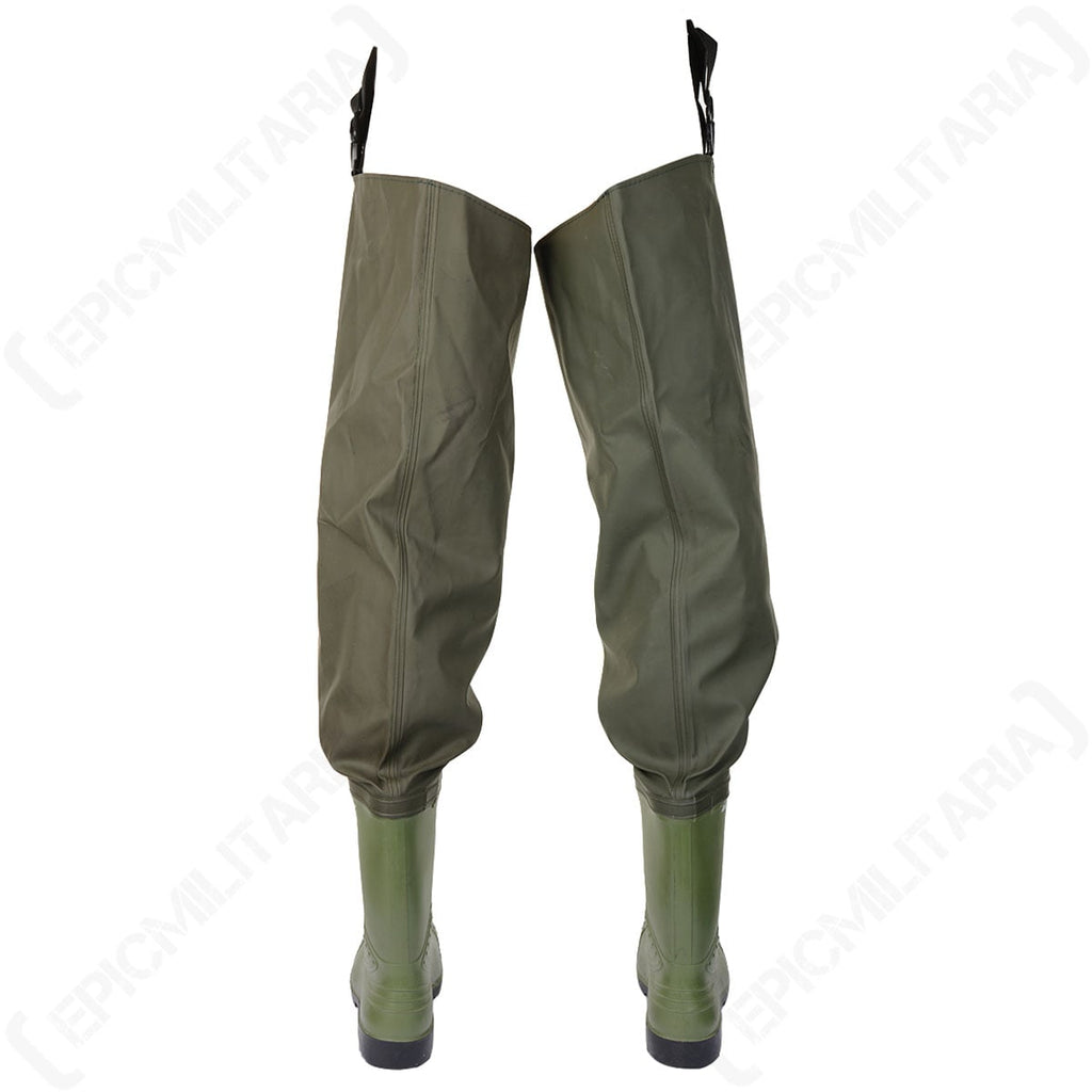 Rear view of Belgian olive drab waders featuring adjustable shoulder straps for a secure fit.