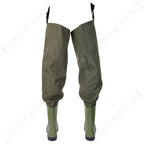 Rear view of Belgian olive drab waders featuring adjustable shoulder straps for a secure fit.