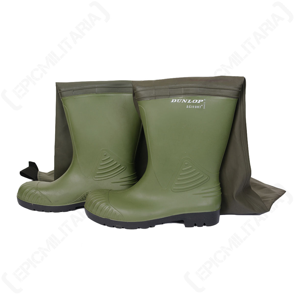 Close-up of Dunlop Acifort rubber boots with protective reinforced toe caps and waterproof PVC uppers.