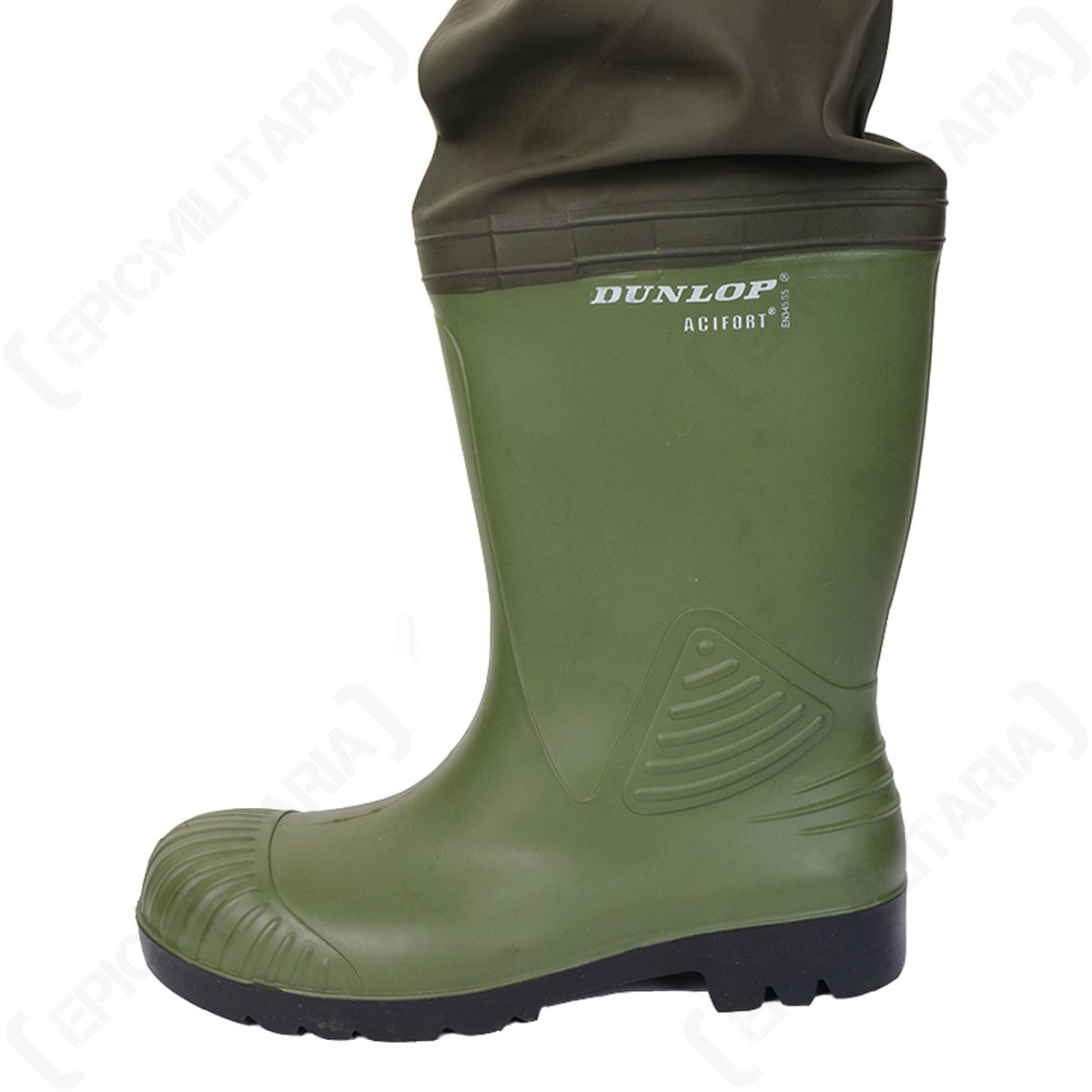 Detailed view of the Dunlop Acifort branding on the side of the olive green rubber boot.