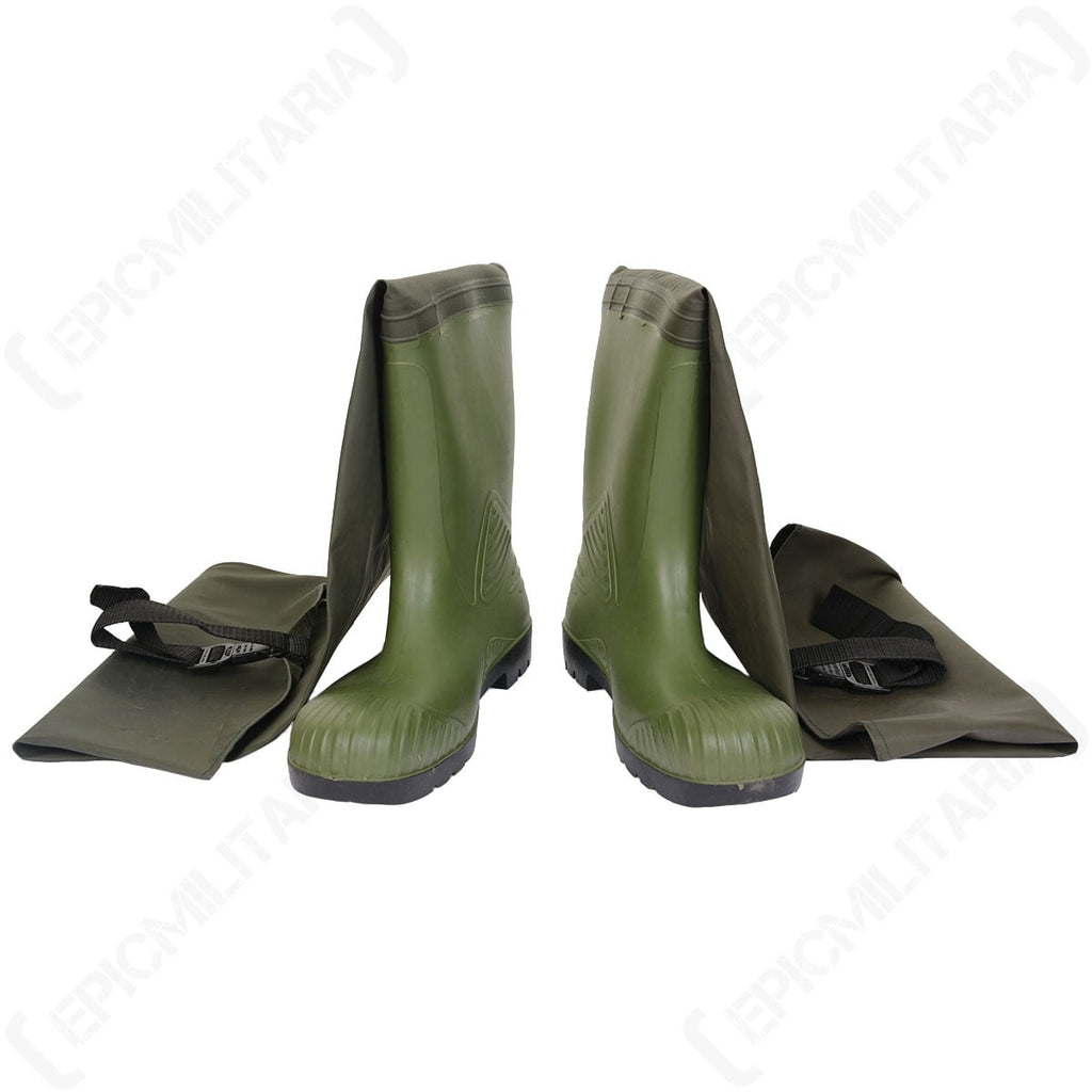 Rubber boots of the Belgian waders folded down to reveal the internal adjustable fastening buckles.