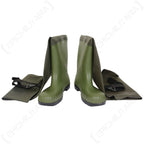 Rubber boots of the Belgian waders folded down to reveal the internal adjustable fastening buckles.