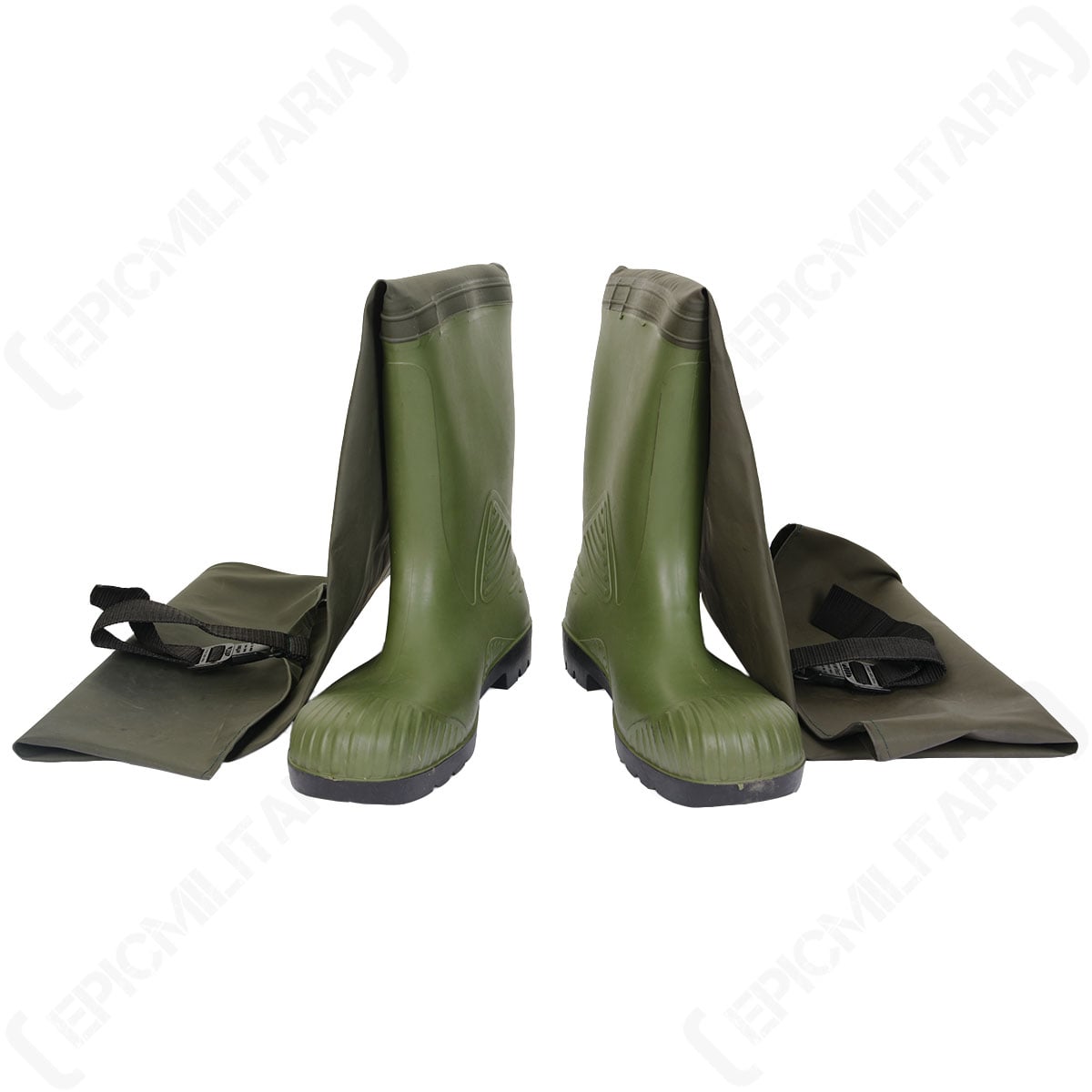 Rubber boots of the Belgian waders folded down to reveal the internal adjustable fastening buckles.