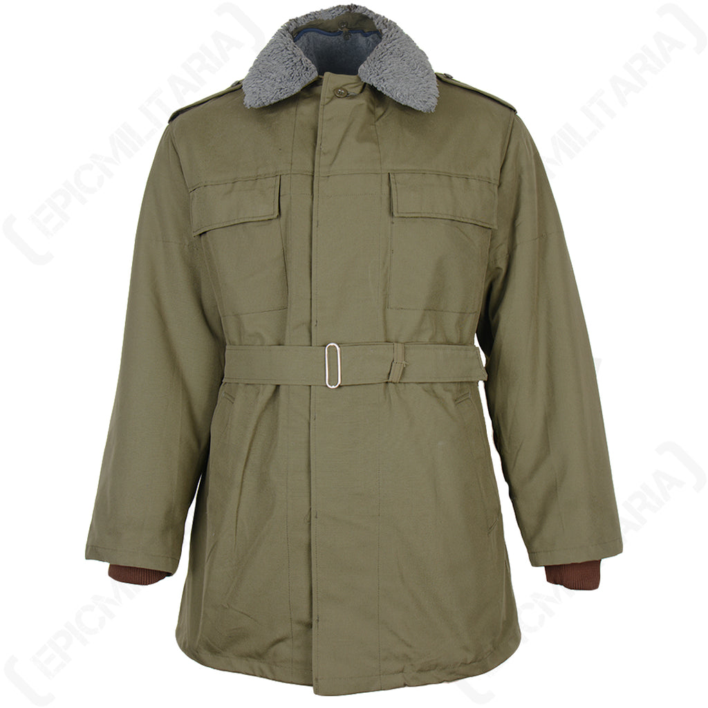 Front view of the original Czech M85 parka with grey pile collar, olive canvas shell, waist belt, and brown knitted wrist cuffs.