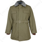 Front view of the original Czech M85 parka with grey pile collar, olive canvas shell, waist belt, and brown knitted wrist cuffs.