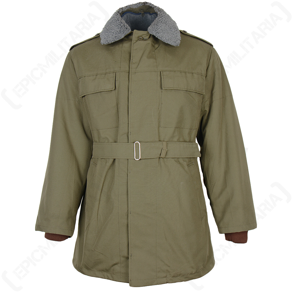 Front view of the original Czech M85 parka with grey pile collar, olive canvas shell, waist belt, and brown knitted wrist cuffs.