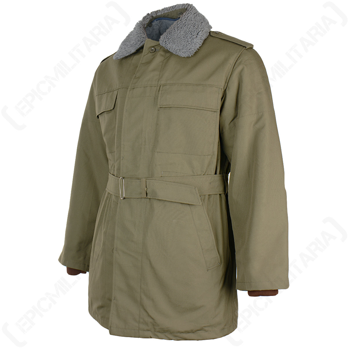 Three-quarter angle of the Czech M85 field parka, showcasing the adjustable waist belt and the olive green finish of this Cold War surplus coat.