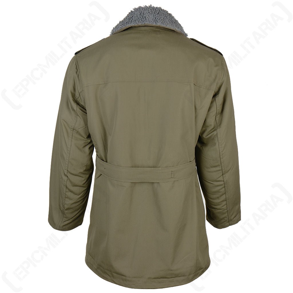 Rear view of the vintage Czech M85 parka, displaying the uniform olive green canvas construction and the integrated waist adjustment belt.