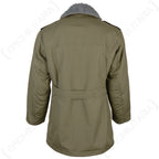 Rear view of the vintage Czech M85 parka, displaying the uniform olive green canvas construction and the integrated waist adjustment belt.