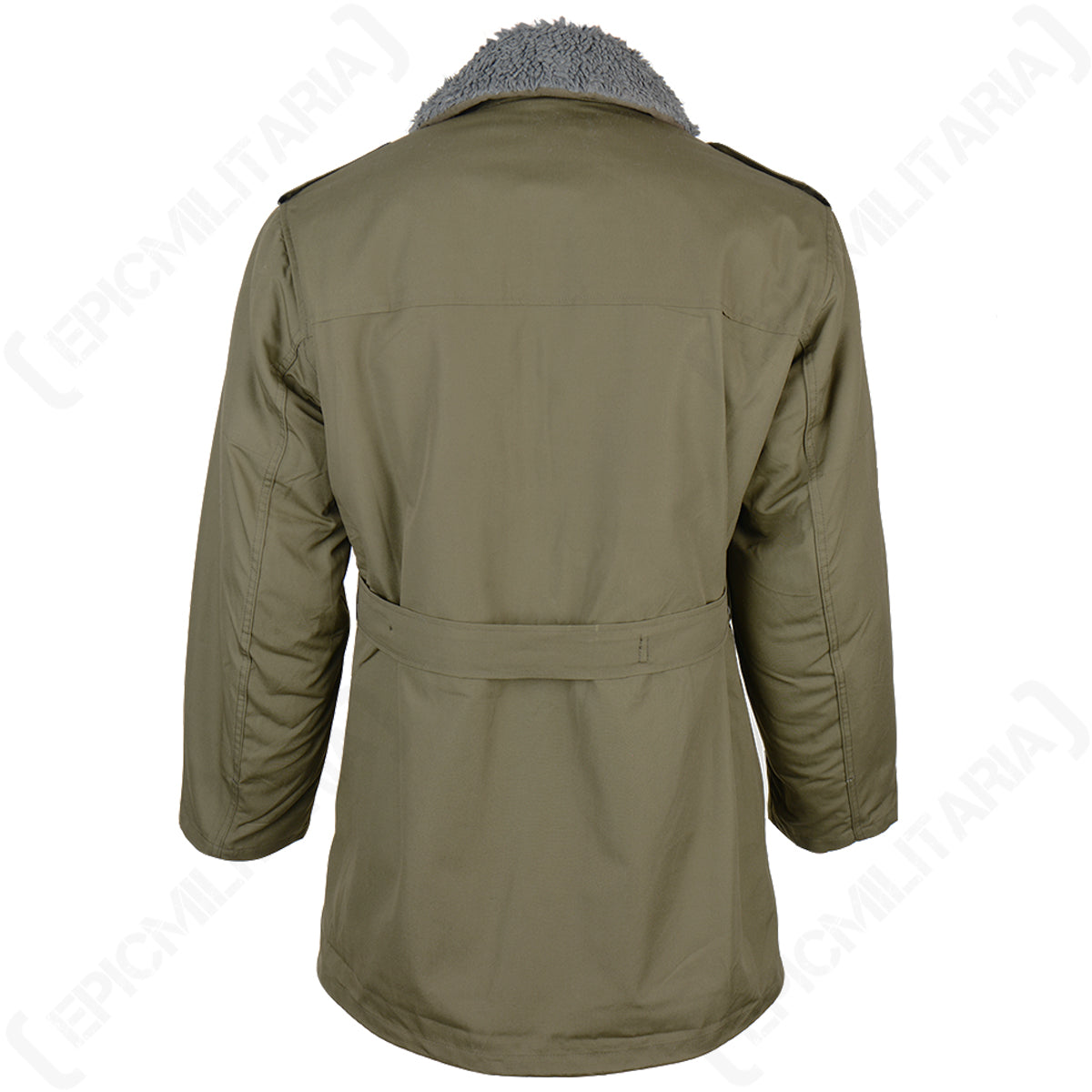 Rear view of the vintage Czech M85 parka, displaying the uniform olive green canvas construction and the integrated waist adjustment belt.