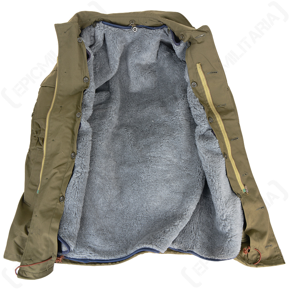 Interior view of the Czech M85 parka, revealing the detachable grey synthetic fleece pile liner designed for heavy-duty thermal insulation.