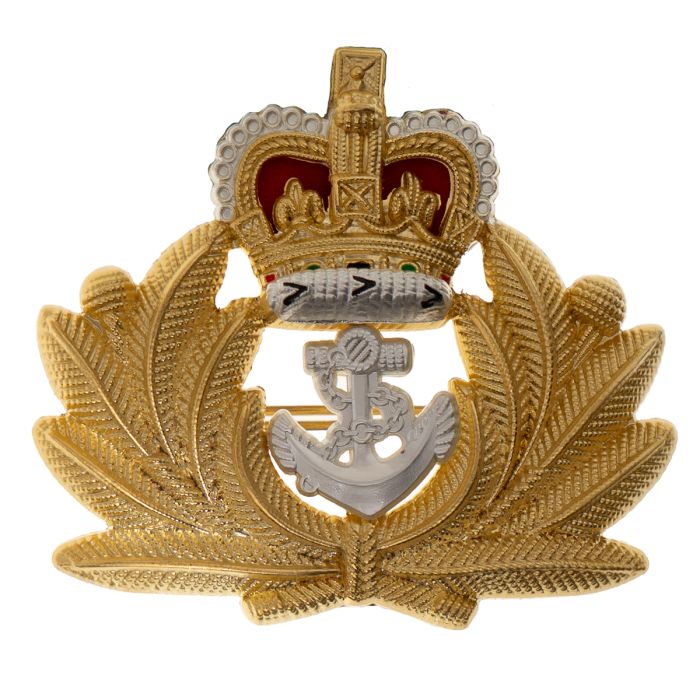 Front view of original British Royal Navy Officer metal cap badge featuring gold laurel wreath and silver fouled anchor