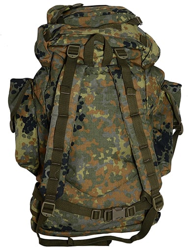 Rear view of a 65L German Army Flecktarn backpack featuring padded adjustable shoulder straps and a chest buckle closure.