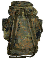 Rear view of a 65L German Army Flecktarn backpack featuring padded adjustable shoulder straps and a chest buckle closure.