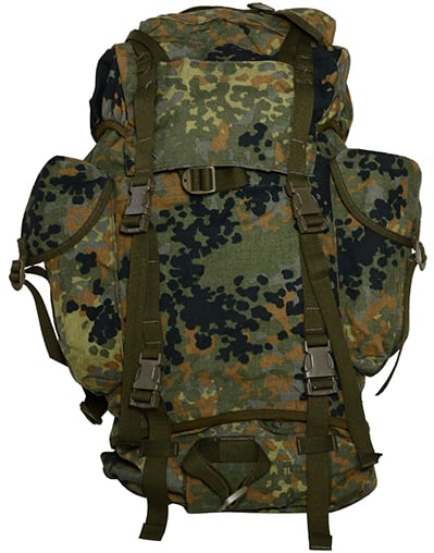 Front view of a 65L German Army Flecktarn rucksack showing side pockets and adjustable nylon strap fastening system.