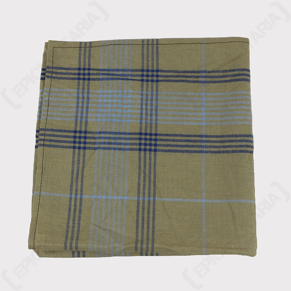 Folded unissued Dutch Army cotton handkerchief with a light olive green base, featuring blue and blue-grey plaid stripes and neatly hemmed edges.