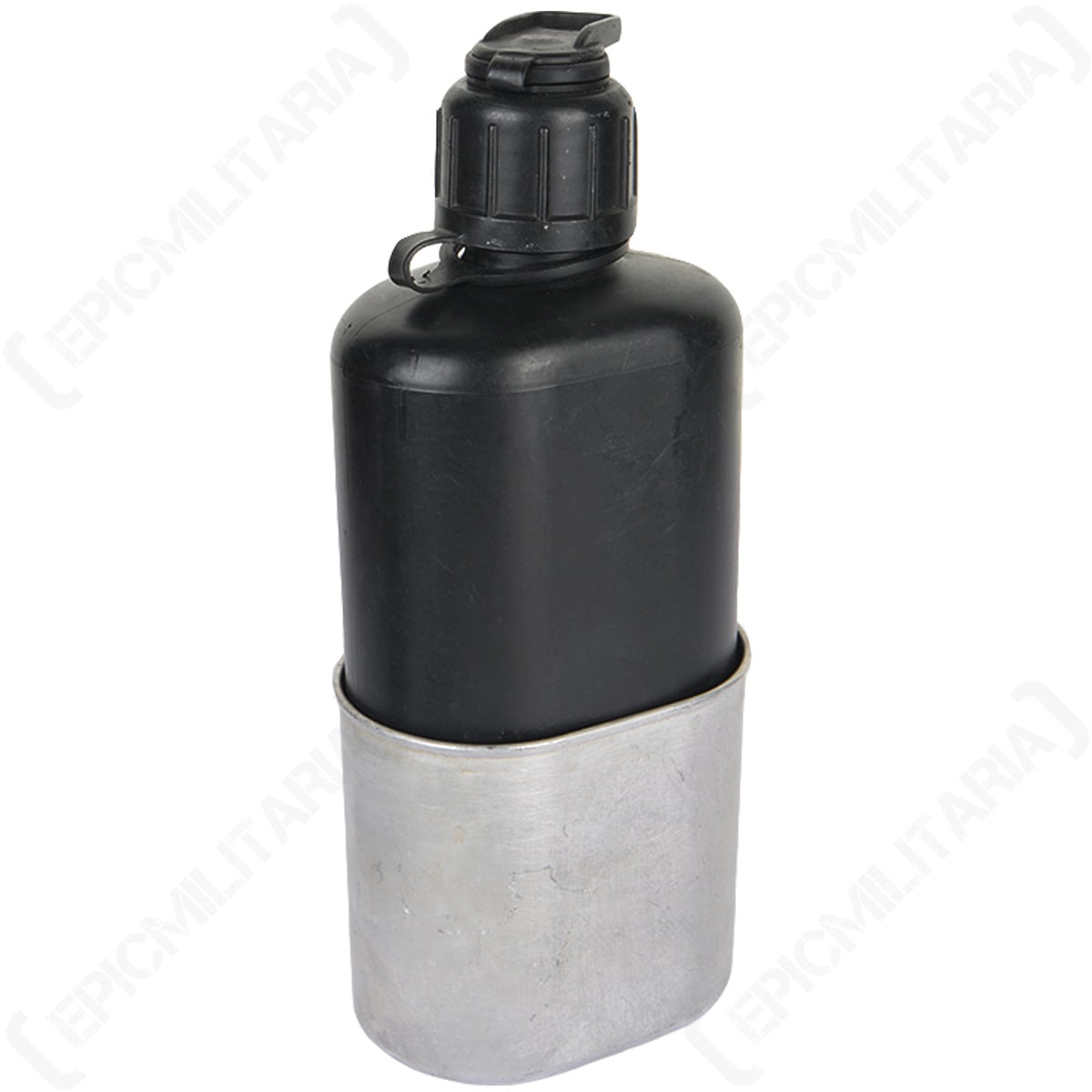 Swiss M84 field canteen 0.8L with a matte black polymer bottle nested inside a matching oval aluminium cup for compact storage.