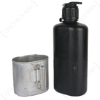 Original Swiss M84 field canteen and detachable aluminium cup set standing side-by-side to display the components separately.