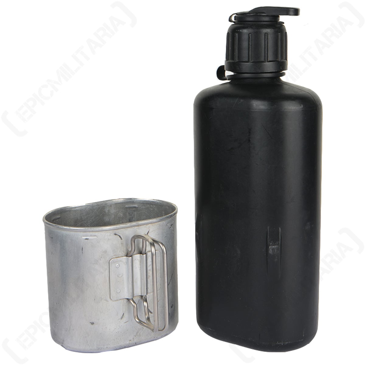 Original Swiss M84 field canteen and detachable aluminium cup set standing side-by-side to display the components separately.
