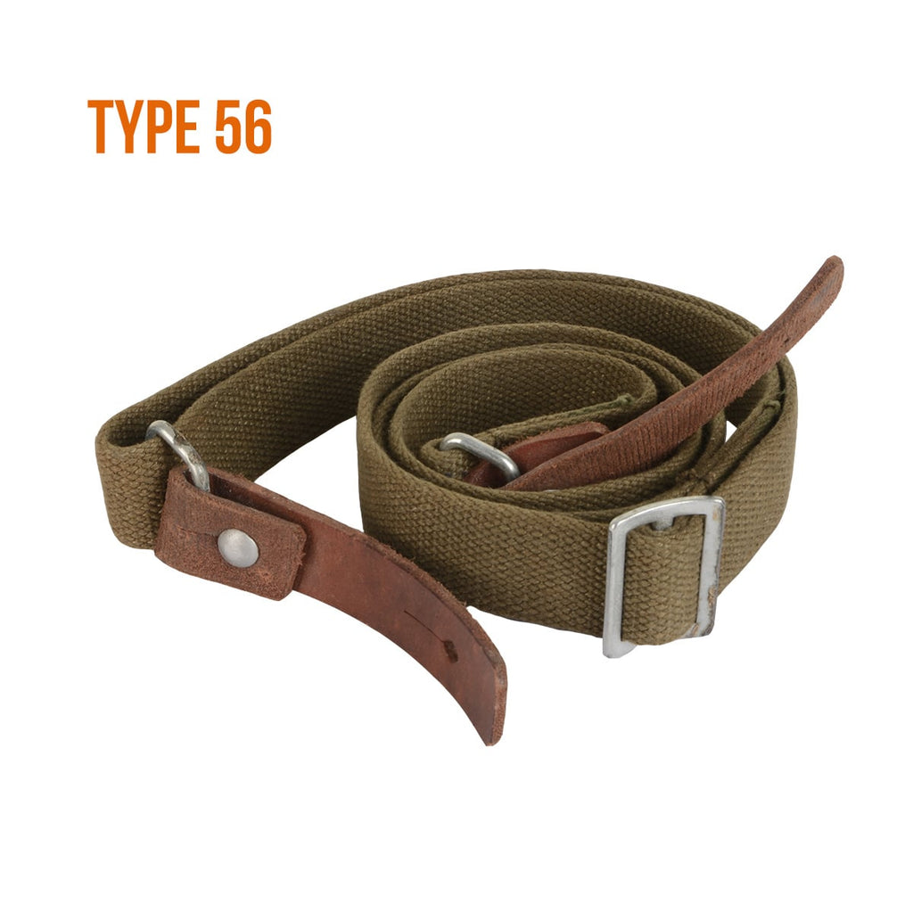 Coiled Type 56 AK SKS canvas sling with dual leather attachment straps, brown finish, and metallic adjustable buckle.
